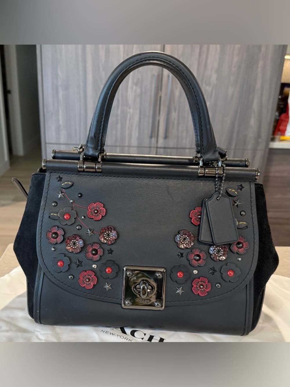 Coach Black Leather Satchel with Red Floral Studs